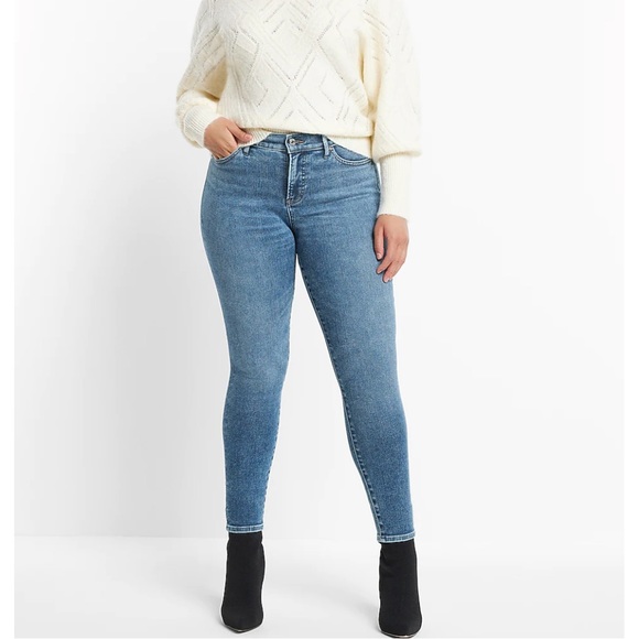 Express Mid Rise Medium Wash Back Zipper Hem Skinny Jeans - Picture 2 of 4